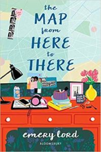 The Map from Here to There by Emery Lord cover shows a cluttered dresser top beneath a cracked mirror