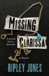 Missing Clarissa by Ripley Jones cover shows a long gold chain with a blue teardrop stone and the title in capital letters on pieces of duct tape.