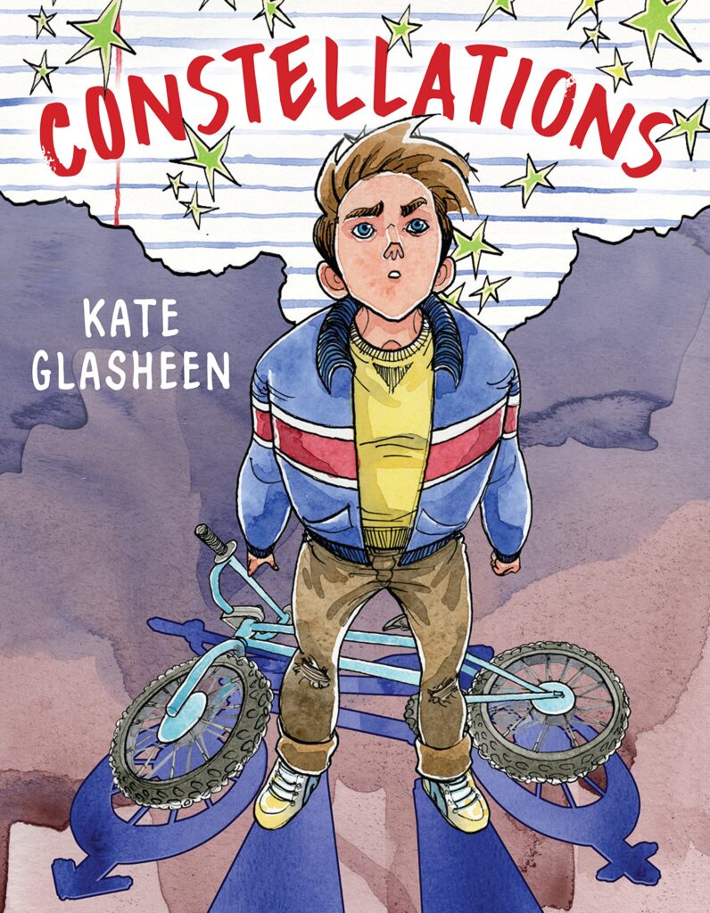 Constellations by Kate Glasheen cover shows a person in a blue jacket looking up. A bike lies on the ground behind them.