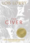 The Giver by Lois Lowry cover shows the face of an older, bearded man in top right and a young man in profile on the bottom left. Bare branches of trees extend toward the center from the left side.