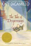 The Tale of Despereaux by Kate DiCamillo cover shows a small mouse with large ears and a red thread tied around his neck carrying a needle at his side like a sword as he runs.