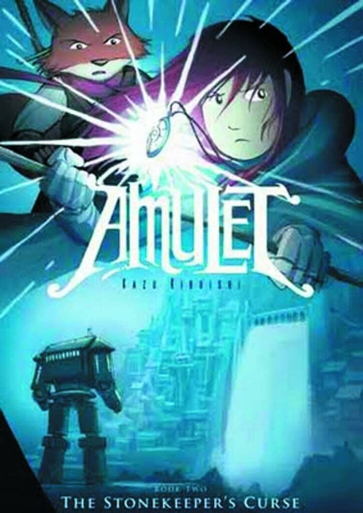 The Stonekeeper's Curse (Amulet #2) by Kazu Kibuishi cover shows a girl in a hooded cloak with an amulet around her neck. The amulet is floating and glowing. An anthropomorphic fox stands beside her. At the bottom of the cover, a robot faces a hazy image of a city.