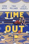 Time Out by Sean Hayes and Todd Milliner cover shows two boys, one in a basketball uniform and the other in long pants and a jacket sitting on the bottom row of the bleachers together. Items are scattered around them on the floor of the gym and on the bleachers.