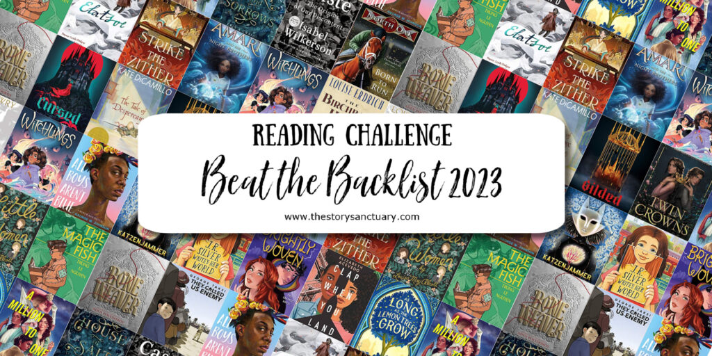 Beat the Backlist Reading Challenge 2023 images shows the title text on top of a grid of backlist book covers.